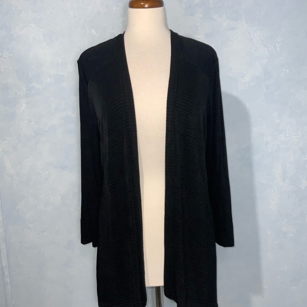 Chico’s Travelers Black Striped Ribbed Open Front Stretchy Cardigan Everyday M